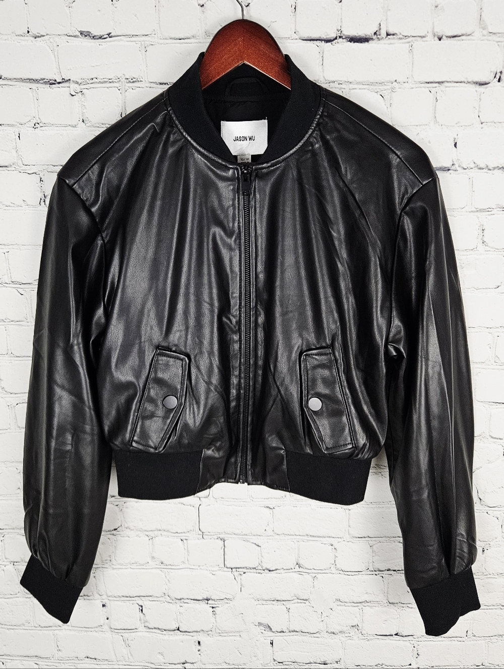 JASON WU | vegan/faux leather cropped zip up jacket